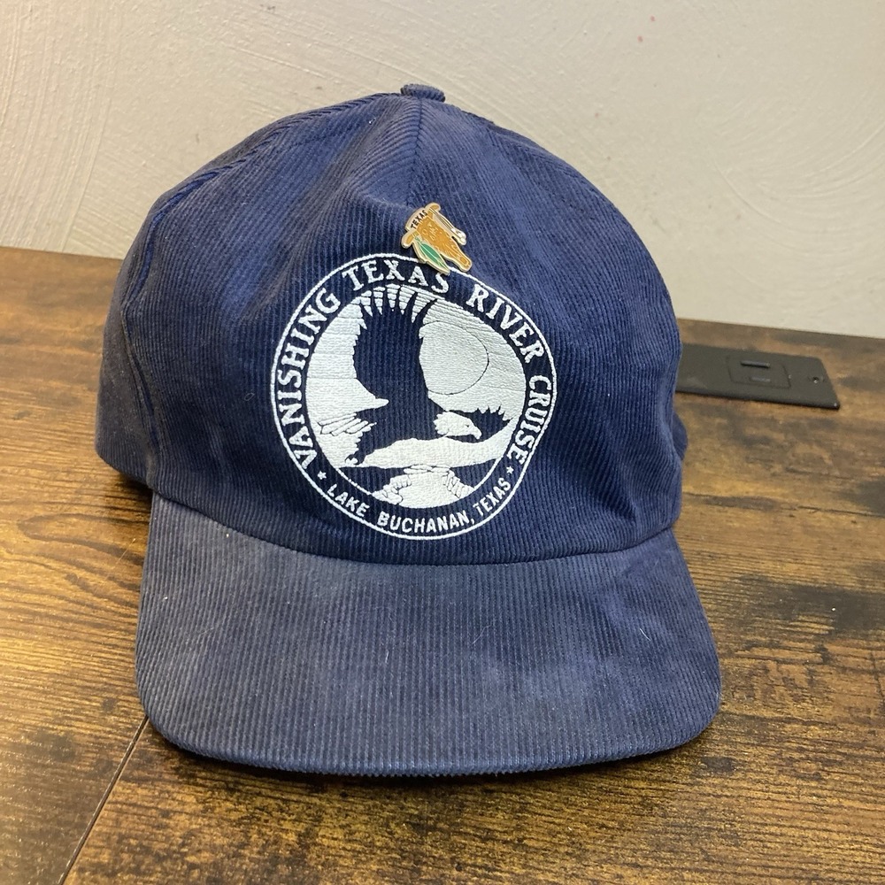 Vanishing Texas River Cruise Lake Buchanan Hat Snapback Navy Corduroy Vtg USA